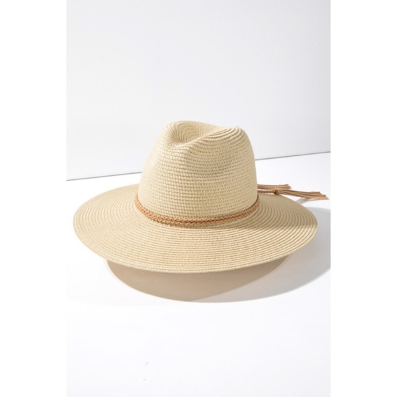 Natural Faux Suede Wide Brim Braided Double Band Tassel Woven Panama Hat - Picture 5 of 7
